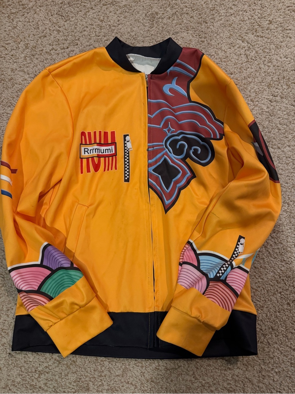 Graphic Yellow Bomber Jacket with Multicolor Art Panels demon hunters
